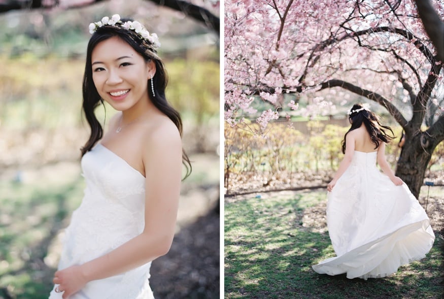 Bride's portraits by the Cherry Blossoms at Brooklyn Botanic Garden wedding.
